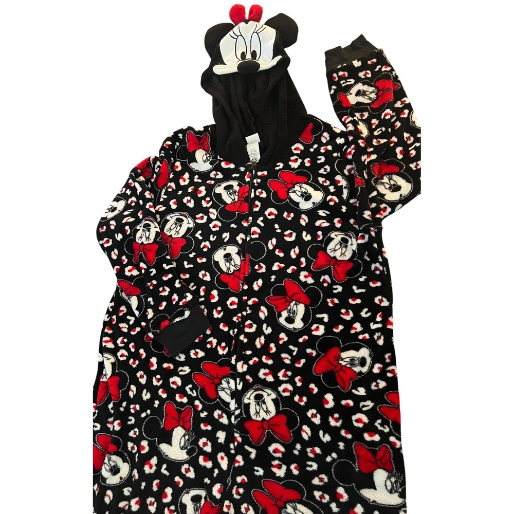 Disney Minnie Mouse Leopard Print Hooded One Piece Pajama Union Suit XL  (1122)